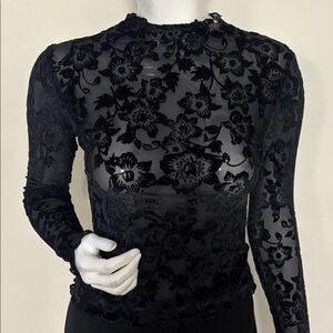 Intimately by Free People Black Mesh & Cut Velvet Floral Print Long Sleeve Top